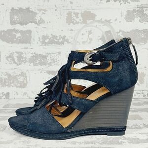 NEW Trask Felicity Fringe Black Suede Wedge Summer Sandals D1022